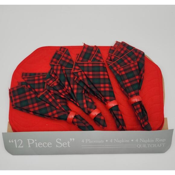 VTG QuiltCraft 12 Piece Set of Placemats Napkins Rings Red Plaid New in Package - Picture 1 of 10